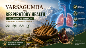 Yarsagumba (Cordyceps sinensis) respiratory health infographic featuring Himalayan Cordyceps, lung anatomy, traditional healing practices, and clinically studied benefits for chronic bronchitis, asthma, COPD, antioxidant protection, and respiratory function support.