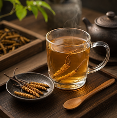 Traditional Wild Himalayan Cordyceps (Cordyceps sinensis) tea prepared by steeping whole Cordyceps in hot water.