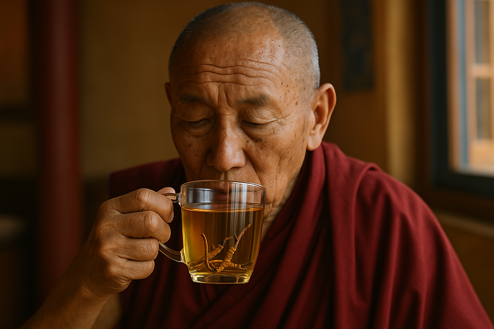 Буддийский монах пьет чай Ярсагумба