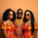 3 people IN A Ghana KENTE DRESS and gold jewelry and sunglasses ON A classy light brown B
