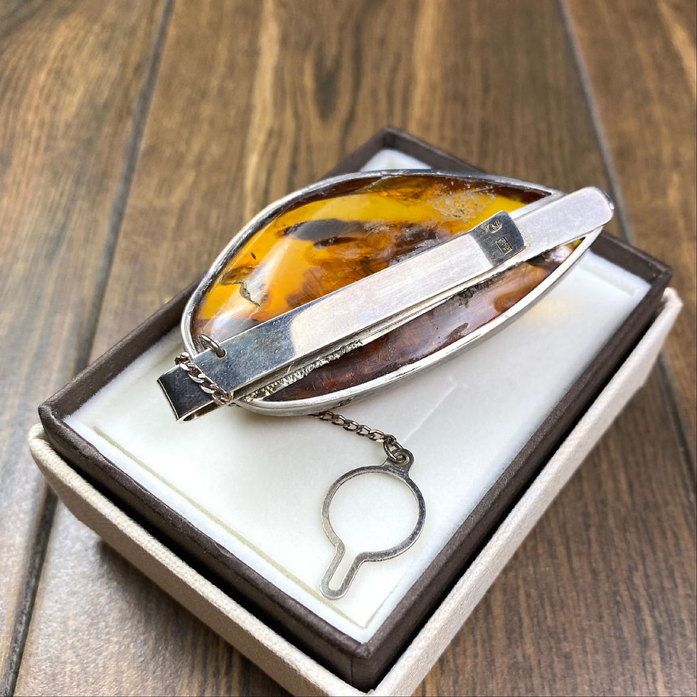Miniatura: Srebrna duża spinka do krawata z bursztynem koniak