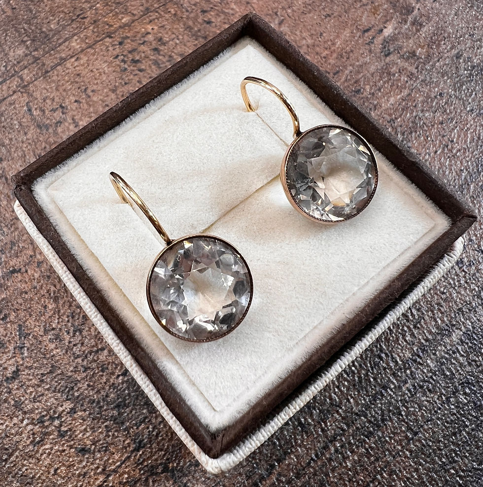 Złote kolczyki z kryształami górskimi w szlifie brylantowym okrągłym, biżuteria vintage