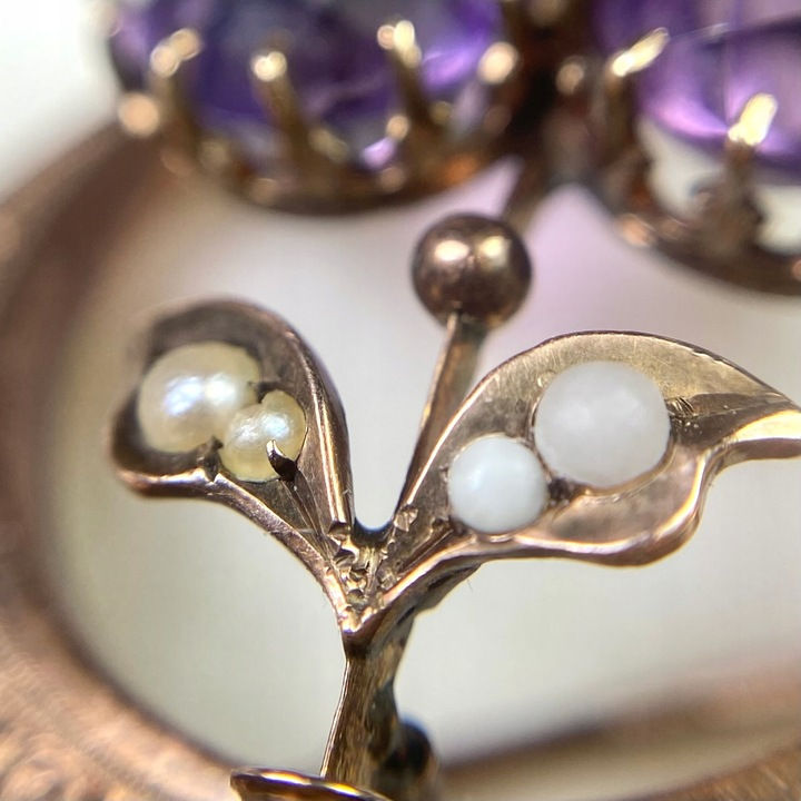 Miniatura: Broszka biedermeier ametysty kwiat księżyc XIX w