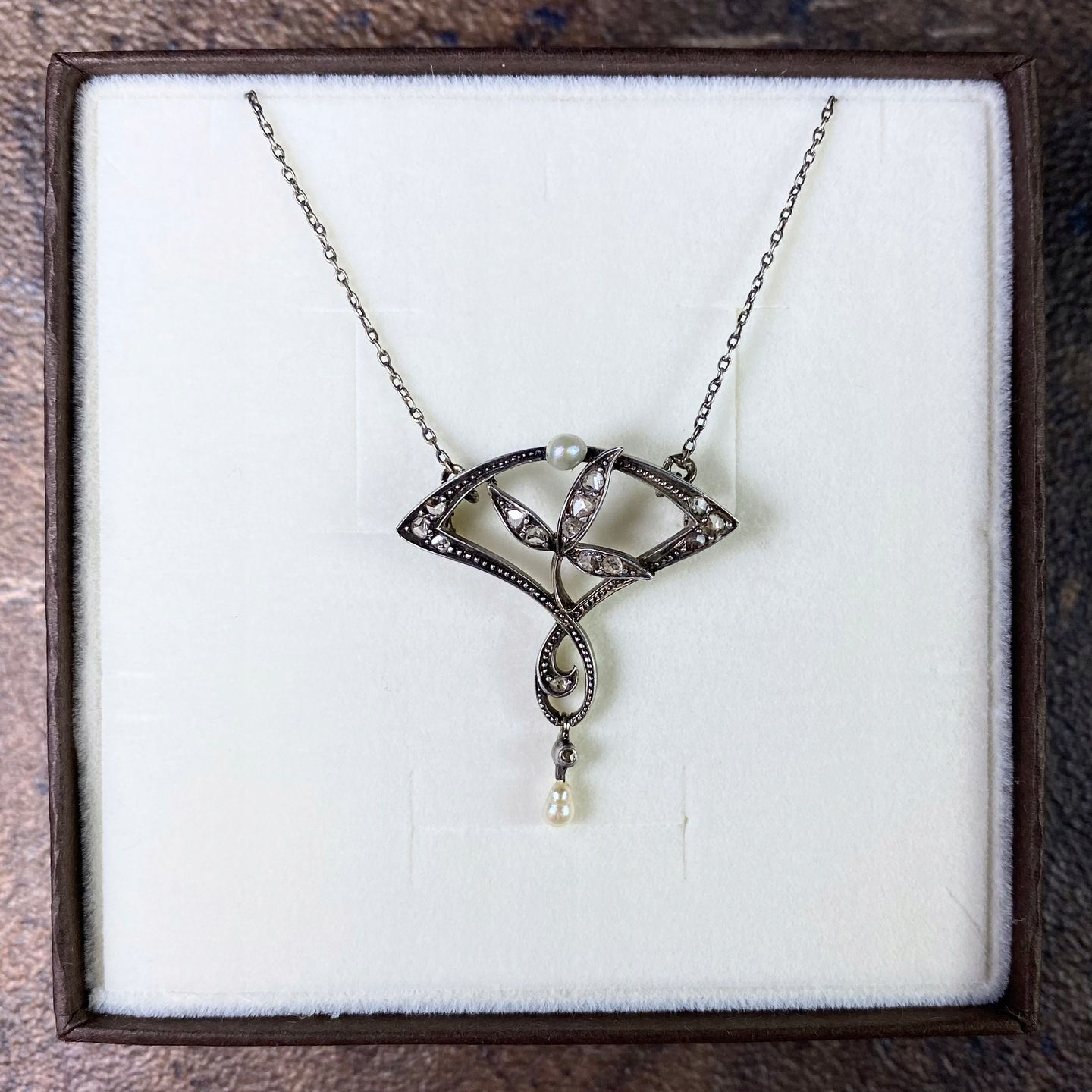 Piękna secesja srebrny złoty naszyjnik diament XIX