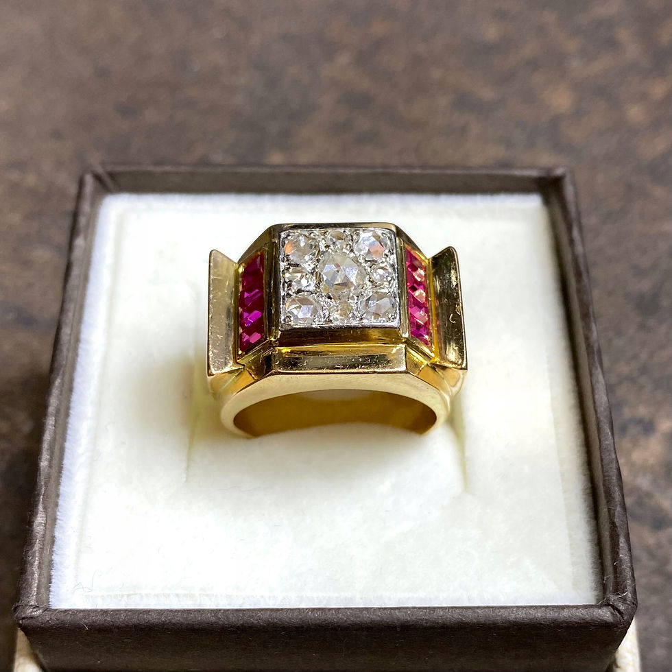 Miniatura: Złoty sygnet art deco rubiny 1,04 diamenty 0,30 ct