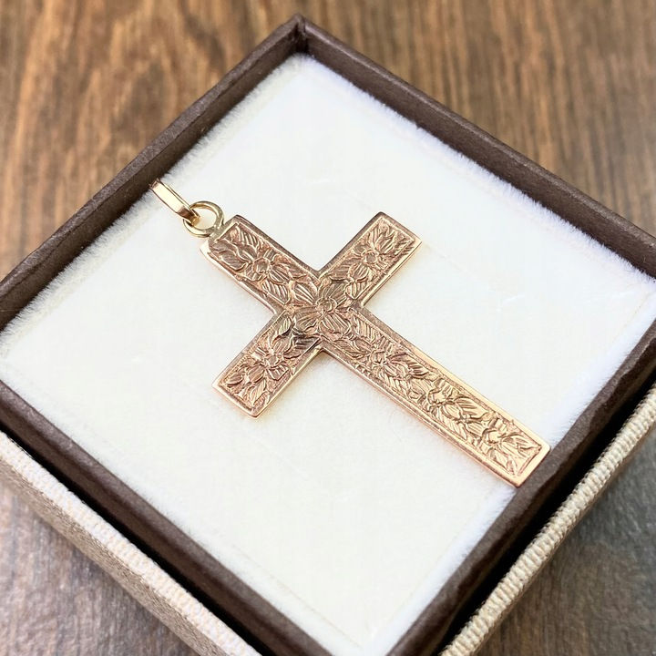 Miniatura: Złoty krzyż XIX wiek ręczny grawer 14k