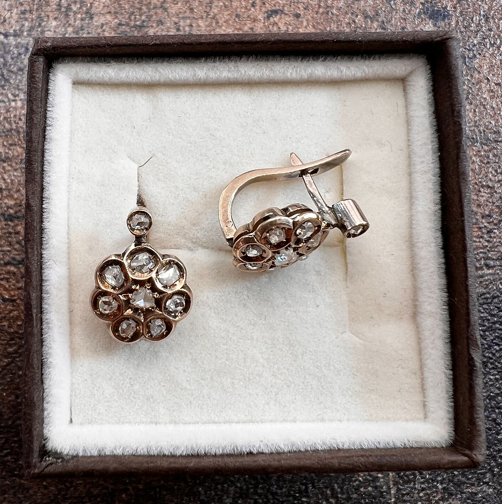 Złote kolczyki z diamentami w szlifie rozetowym, styl Art Deco, zapięcie angielskie, próba 585