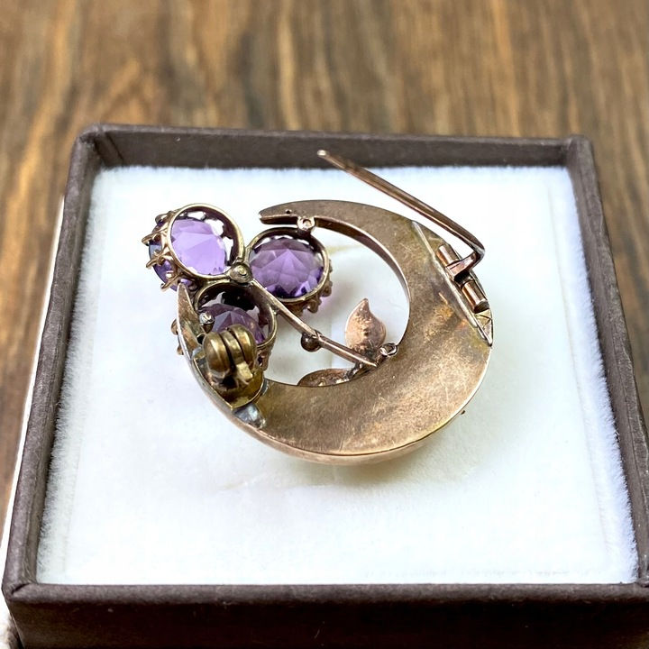 Miniatura: Broszka biedermeier ametysty kwiat księżyc XIX w