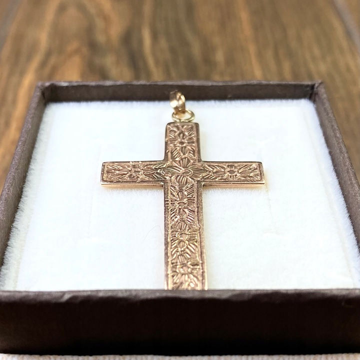 Miniatura: Złoty krzyż XIX wiek ręczny grawer 14k