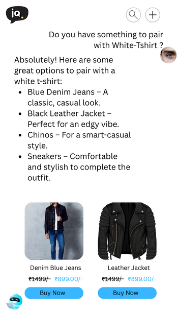 merchantiQ AI stylist suggesting outfit pairings with a white t-shirt, featuring denim jeans and a leather jacket discounted