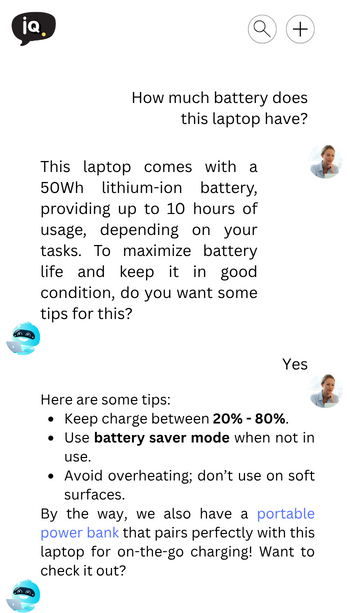 merchantiQ AI agent providing laptop battery details, usage tips, and power bank recommendation for smarter eCommerce support