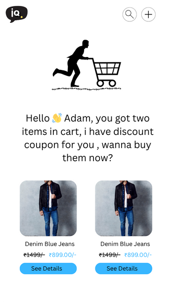 merchantiQ AI shopping assistant showing personalized denim jeans discount to boost eCommerce conversions.