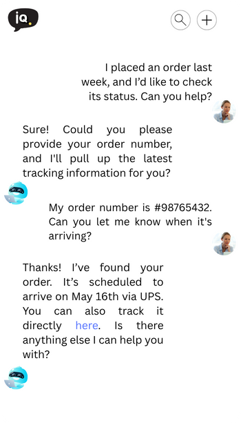 merchantiQ AI chatbot assisting customer with real-time order tracking and delivery updates for eCommerce support.