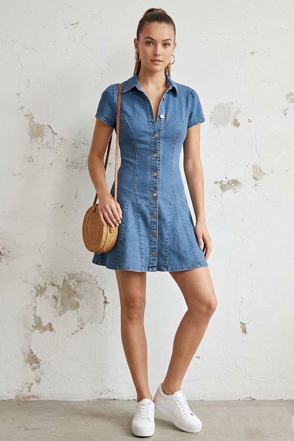 Stretch Denim Button-Down Dress