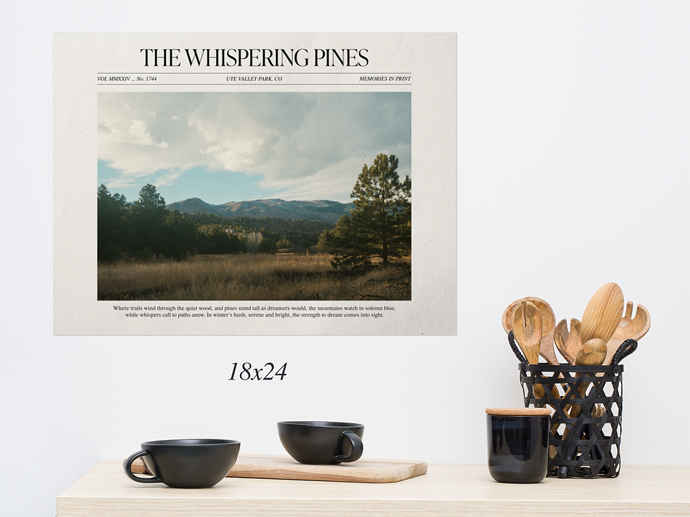 Thumbnail: Mockup of 'The Whispering Pines' poster of distant mountain peaks, tall pines, and a reflective poem in 18x24 dimensions.
