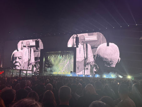 Vista do público durante o show de Gilberto Gil no Palco Mundo do Rock in Rio 2026. A estrutura de LED exibe diferentes imagens do cantor enquanto ele se apresenta no centro do palco.
