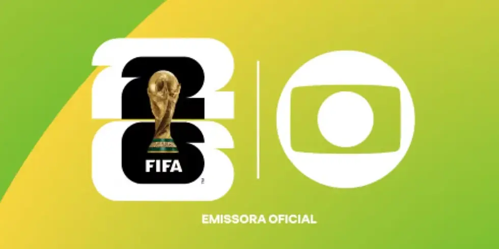 Logo da Copa do Mundo de 2026 ao lado do logo da TV Globo, com a inscrição emissora oficial.