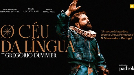 Arte de divulgação do espetáculo “O Céu da Língua”, com Gregório Duvivier.
