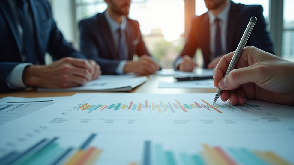 Eye-level view of a business meeting discussing financial charts
