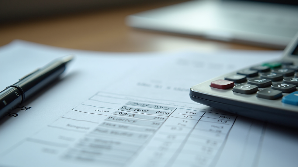 Close-up view of financial documents and calculator on a desk