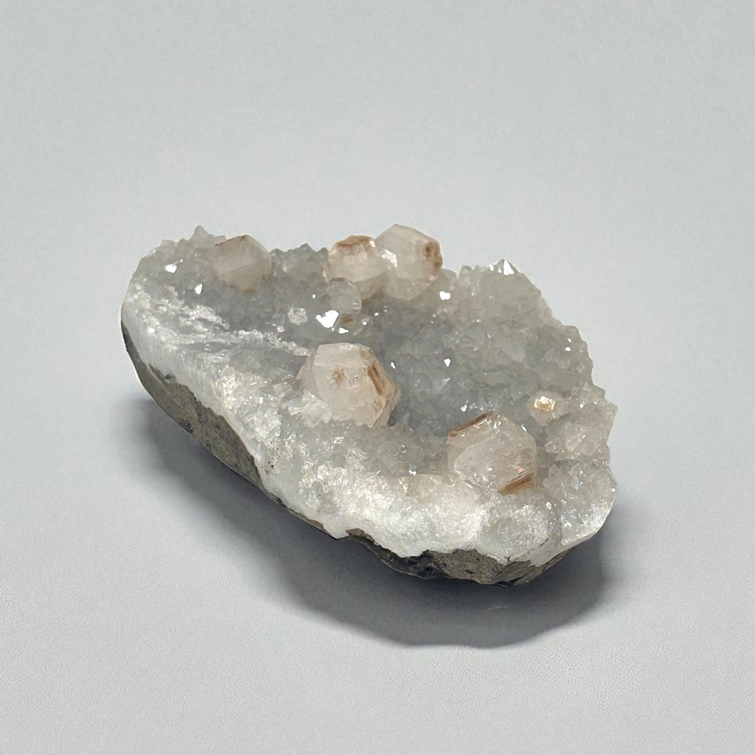 Apophyllite with Stilbite on a Chalcedony Crystals.