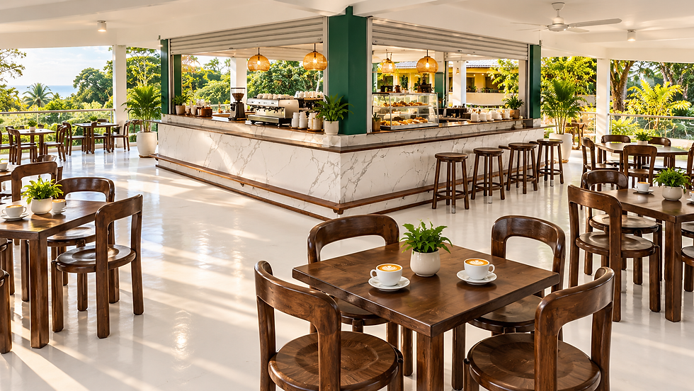 Open-air café seating around a central coffee counter at XA-POOL Café in Vipingo, Kilifi