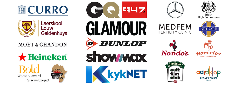 logos of all the companies we have worked with: GQ, GLAMOUR, 94.7, dunlop, showmax, kyknet, heineken, curro, laerskool louw geldenguys, veuve clicquot, nandos, barcelors, netcare, medfem