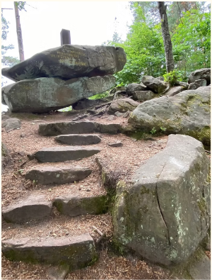 Steintreppe im Wald, die zu einem massiven, flach geschichteten Felsblock führt. Der obere Stein trägt eine eingemeißelte gelbe Inschrift. Rundherum stehen weitere große Felsbrocken, im Hintergrund dichter Laubwald.Steinsetzung der Weltachs bei Waldleiningen im Pfälzerwald, Kaiserslautern