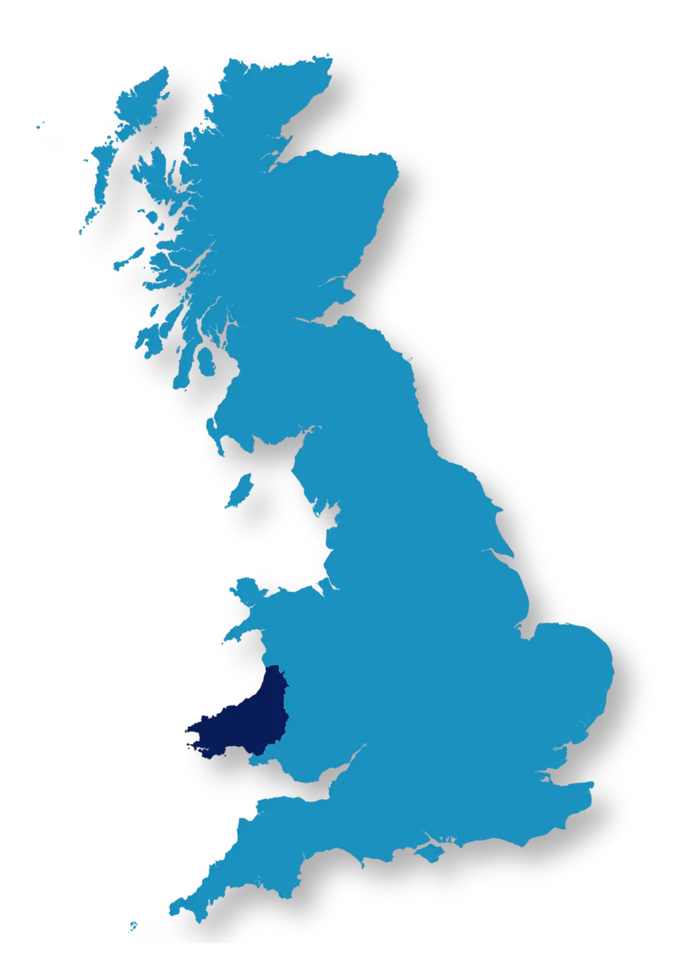 Map of the United Kingdom highlighting the Dyfed county, showcasing Alpha Security Services' coverage area for security solutions