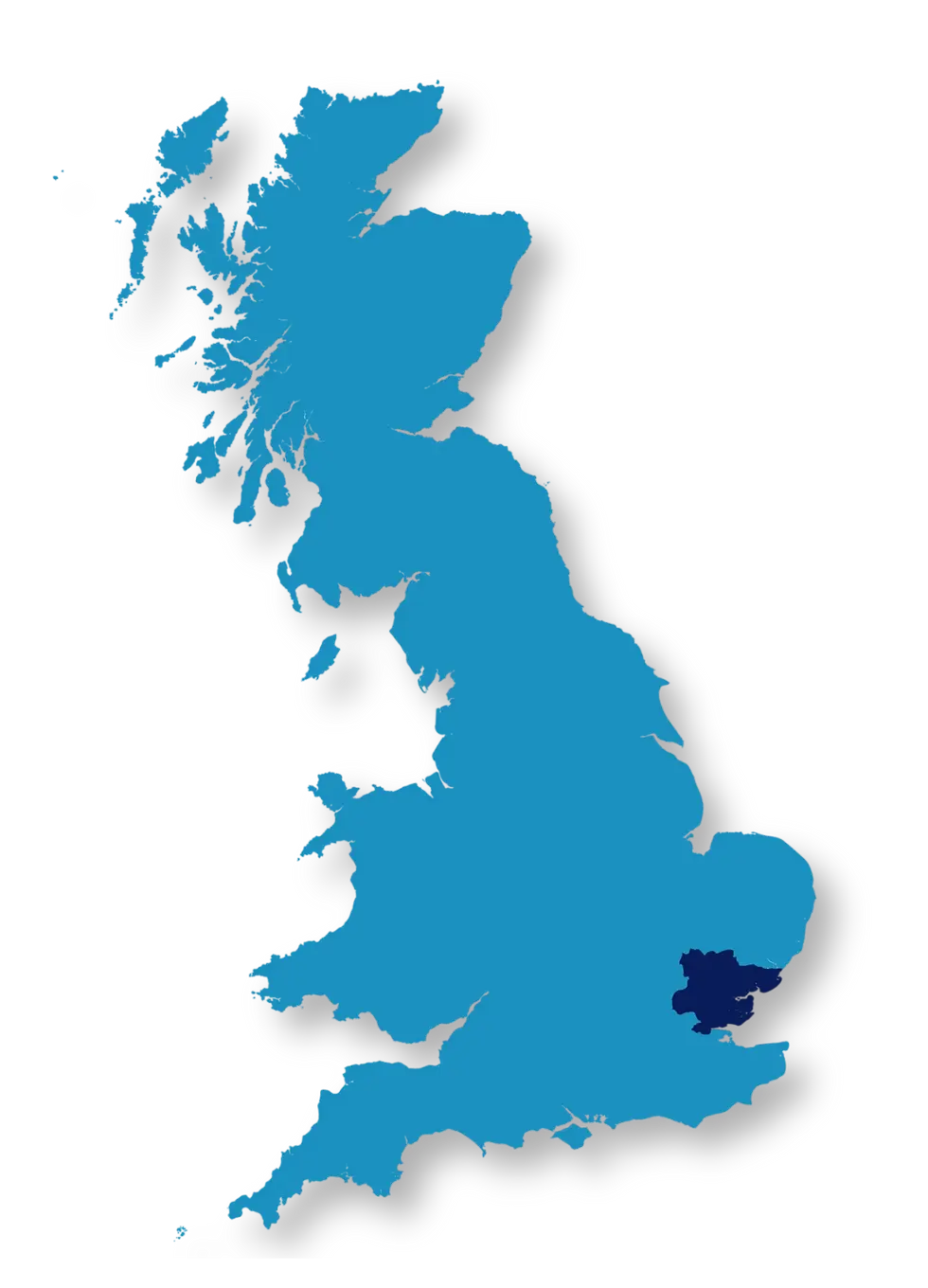 Map of the United Kingdom highlighting the Essex county, showcasing Alpha Security Services' coverage area for security solutions