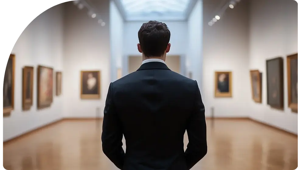 A security officer, dressed in a suit, standing in an art gallery or museum. The officer is shown from behind, monitoring the quiet hall filled with framed portraits and artworks.
