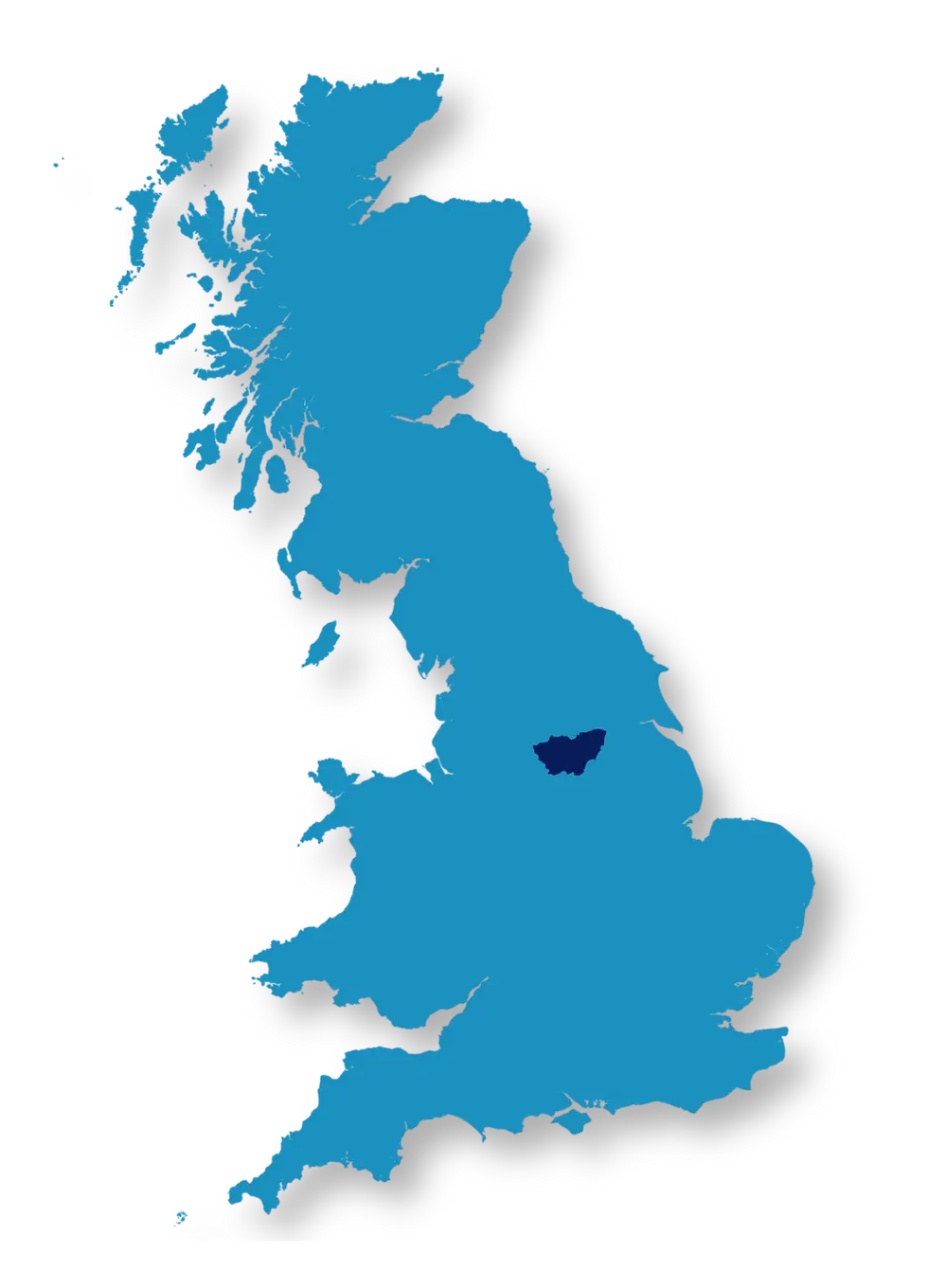 Map of the United Kingdom highlighting South Yorkshire, showcasing Alpha Security Services' coverage area for security solutions