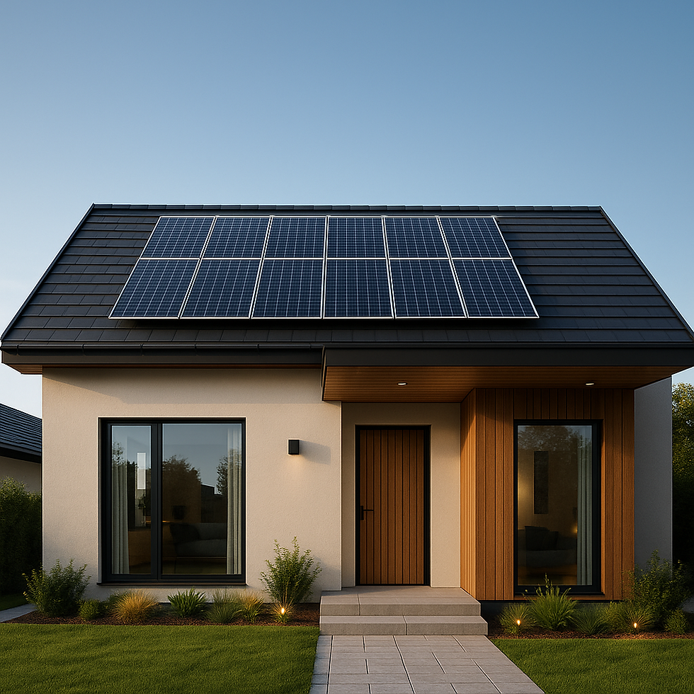 Casa moderna com painéis solares instalados no telhado, representando o uso de energia solar em residências sustentáveis.