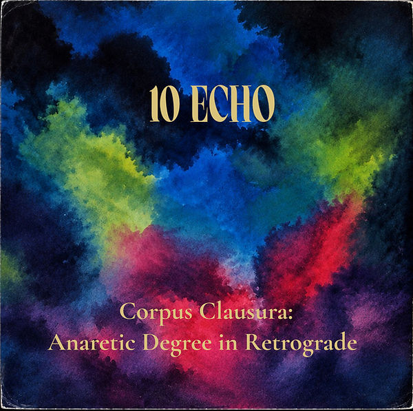 A swirling, nebular sky of deep blues, greens, reds, and purples forms a textured abstract background. Gold serif text reads “10 ECHO” at the top and “Corpus Clausura: Anaretic Degree in Retrograde” near the bottom. The image resembles a cosmic storm, creating a dramatic, atmospheric cover for the release.