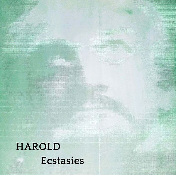 Green‑tinted stylized portrait of a solemn face looking slightly upward, with soft textured shading. In the lower left corner, the text reads ‘HAROLD’ above the word ‘Ecstasies.