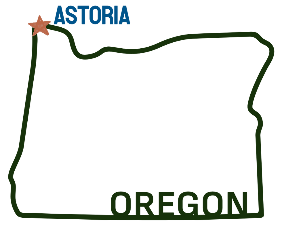 Map outline of Oregon with a star marking Astoria.