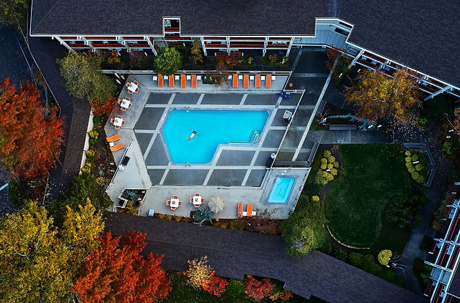 Aerial view of a hotel pool area with a large pool, lounge chairs, and trees with fall foliage.