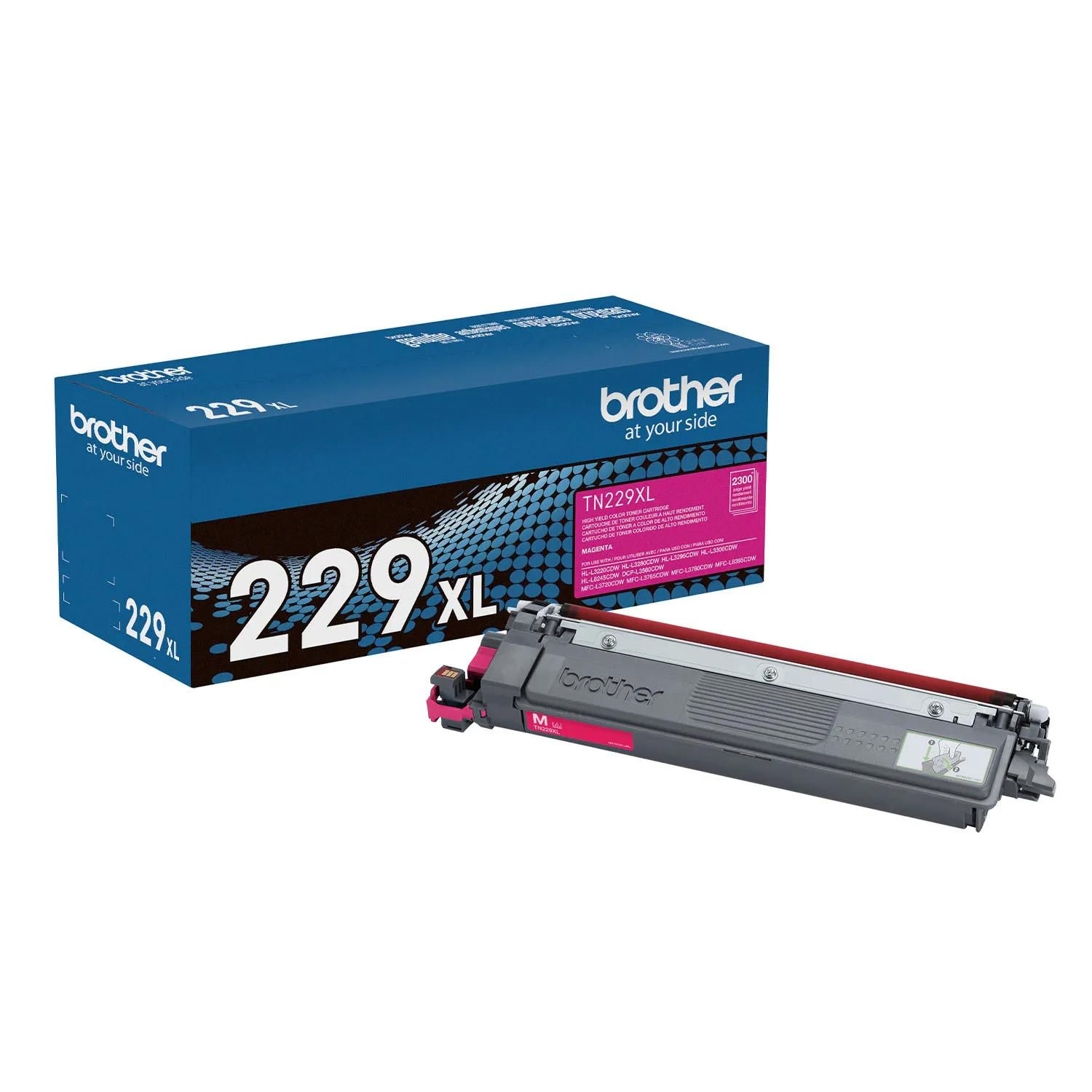 Genuine OEM TN229XL Magenta cartridge pictured; compatible appearance varies