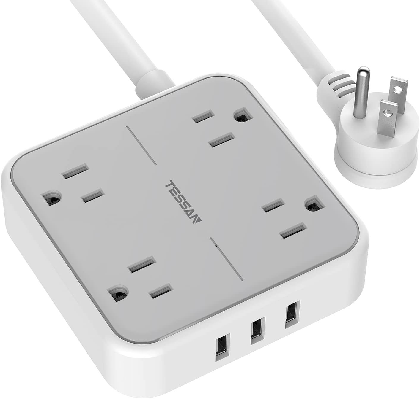 Power Strip with 3 USB Ports, TESSAN 5 ft Extension Cord Flat Plug with 4 Outlet