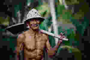 Satisfied worker with shovel