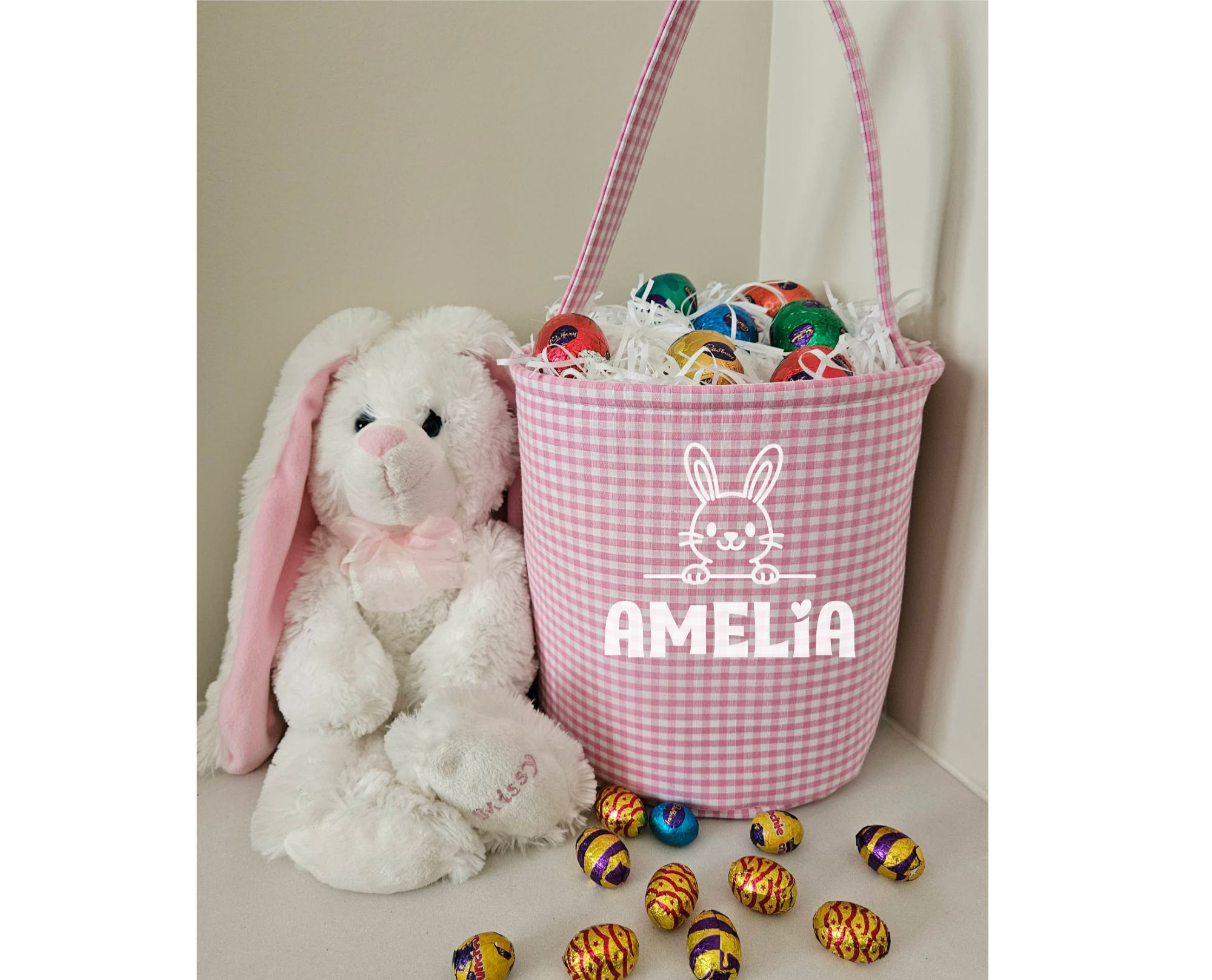 Canvas Easter Basket - Checkered Pink, Bunny Design