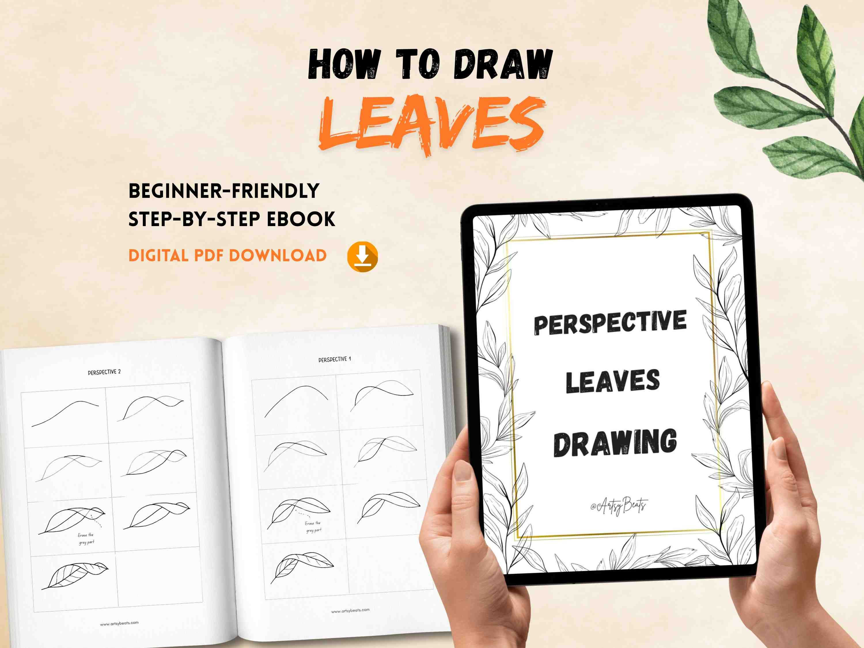 Perspective Leaves Drawing - How to Draw Curved Leaves - Step by step worksheet