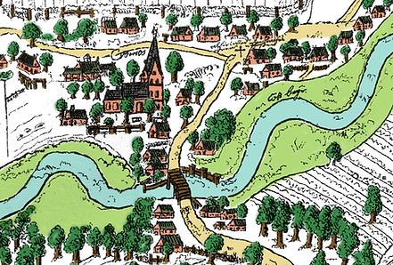 Ausschnitt Karte von ca. 1610: neben der Brücke links der Baum und rechts die Anlegestelle für die Stecknitzkähne