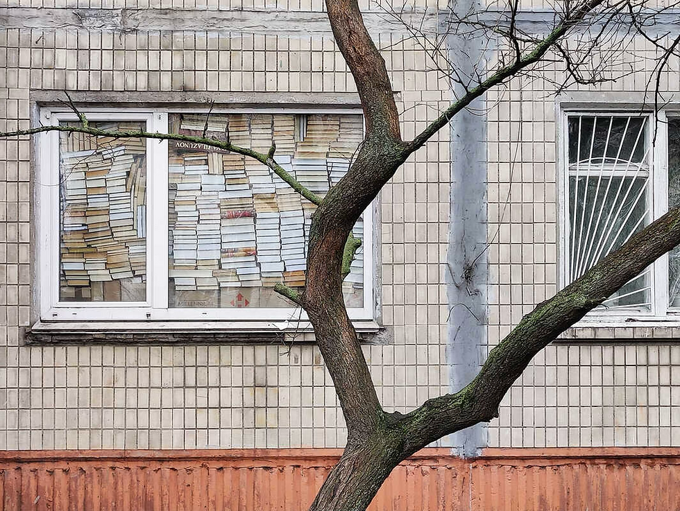 身處基輔的城市研究員 Lev Shevchenko 用他的書本推滿窗口