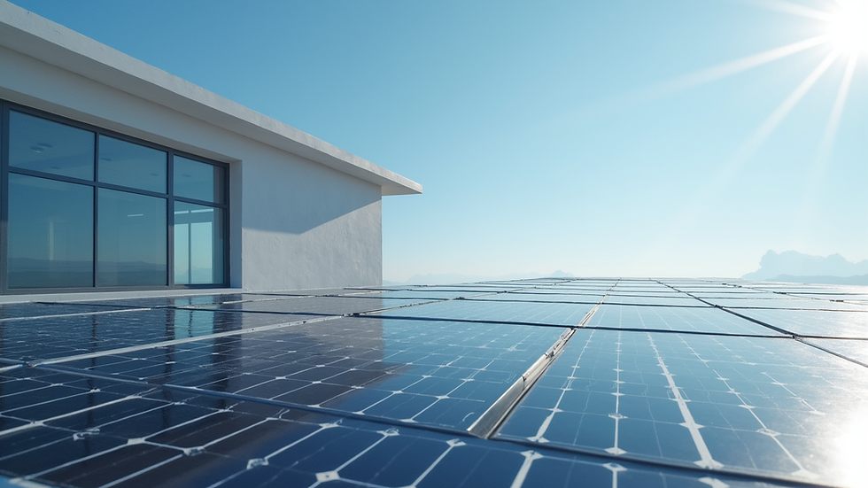 Eye-level view of a modern building with solar panels on the roof