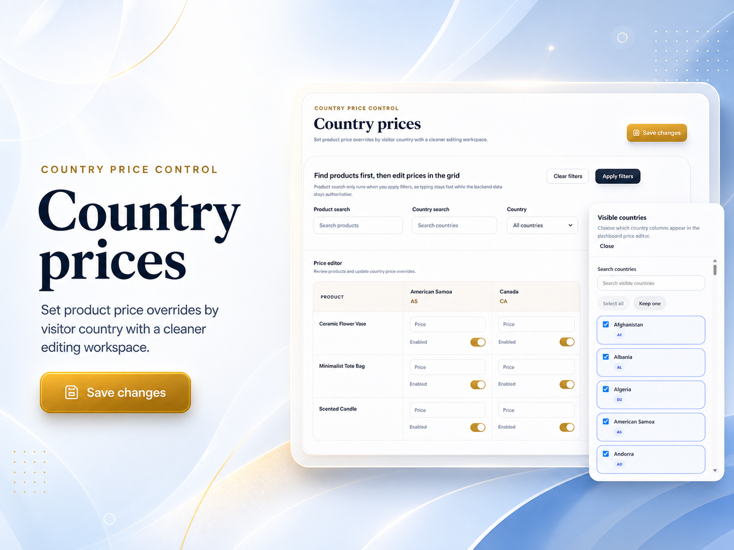 Stores Price by Country dashboard view — Apps for Stores app on the Wix App Market