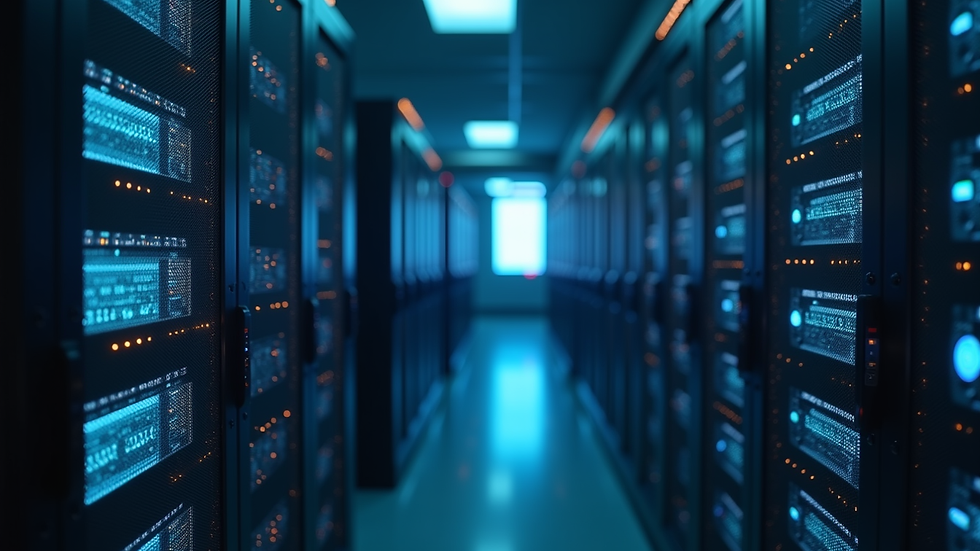 Close-up view of a modern server room with blinking lights