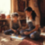 A warm, intimate photograph showing young Alex Chavez painting with her mother in a traditional New Mexican adobe home. Both are wearing denim overalls splattered with colorful paint and sitting on a woven rug surrounded by art supplies. Sunlight streams through the window, illuminating their smiling faces as they work together on a bright yellow and orange painting. The adobe interior features traditional Southwestern textiles hanging on earth-toned walls and terracotta pottery on built-in shelves, capturing the cultural environment that influenced Alex's artistic development and her connection to New Mexico's artistic heritage.