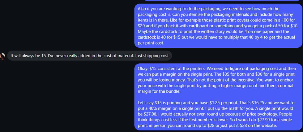 Screenshot of a conversation with Ginger Martinez on her pricing
