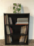 A dark wooden bookshelf filled with numerous handwritten notebooks from the 14 Times New Roman (14TNR) collection. The books are neatly stacked and arranged, showcasing the extensive handwritten titles that make up the collection. A spiral-bound notebook with a tropical leaf-patterned cover sits on top of the bookshelf, adding a distinct visual element. This collection represents decades of handwritten literature, later converted into digital PDFs.